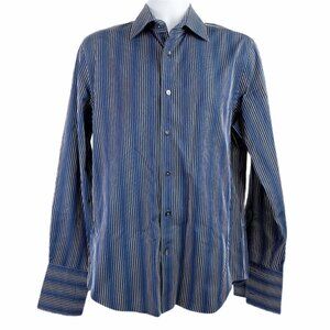 Express Design Studio Striped Cuff Link Shirt Men's Medium Navy Blue Long Sleeve